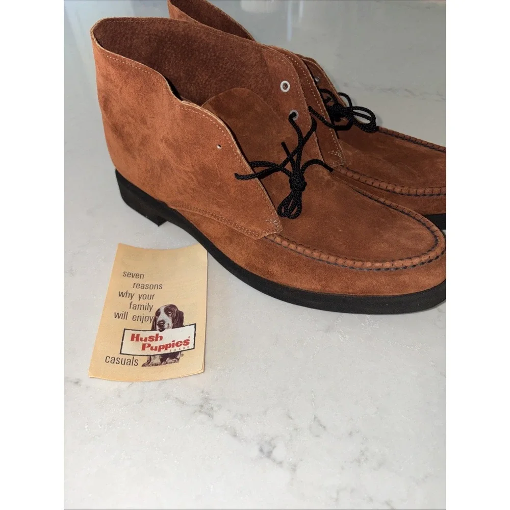 Vtg Hush Puppies Brushed Pigskin Brown Orange Boots Mens 9.5 M USA Steel Shank